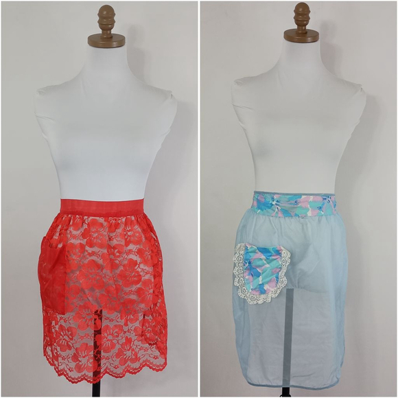Vintage Other - Vintage 50s Red Lace and Blue Half Aprons Dainty Romantic